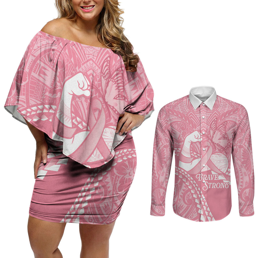 Personalised Polynesia Breast Cancer Awareness Couples Matching Off Shoulder Short Dress and Long Sleeve Button Shirt Brave Strong Butterfly Pink Ribbon LT14 Pink - Polynesian Pride