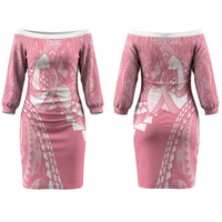Personalised Polynesia Breast Cancer Awareness Couples Matching Off The Shoulder Long Sleeve Dress and Hawaiian Shirt Brave Strong Butterfly Pink Ribbon LT14 - Polynesian Pride