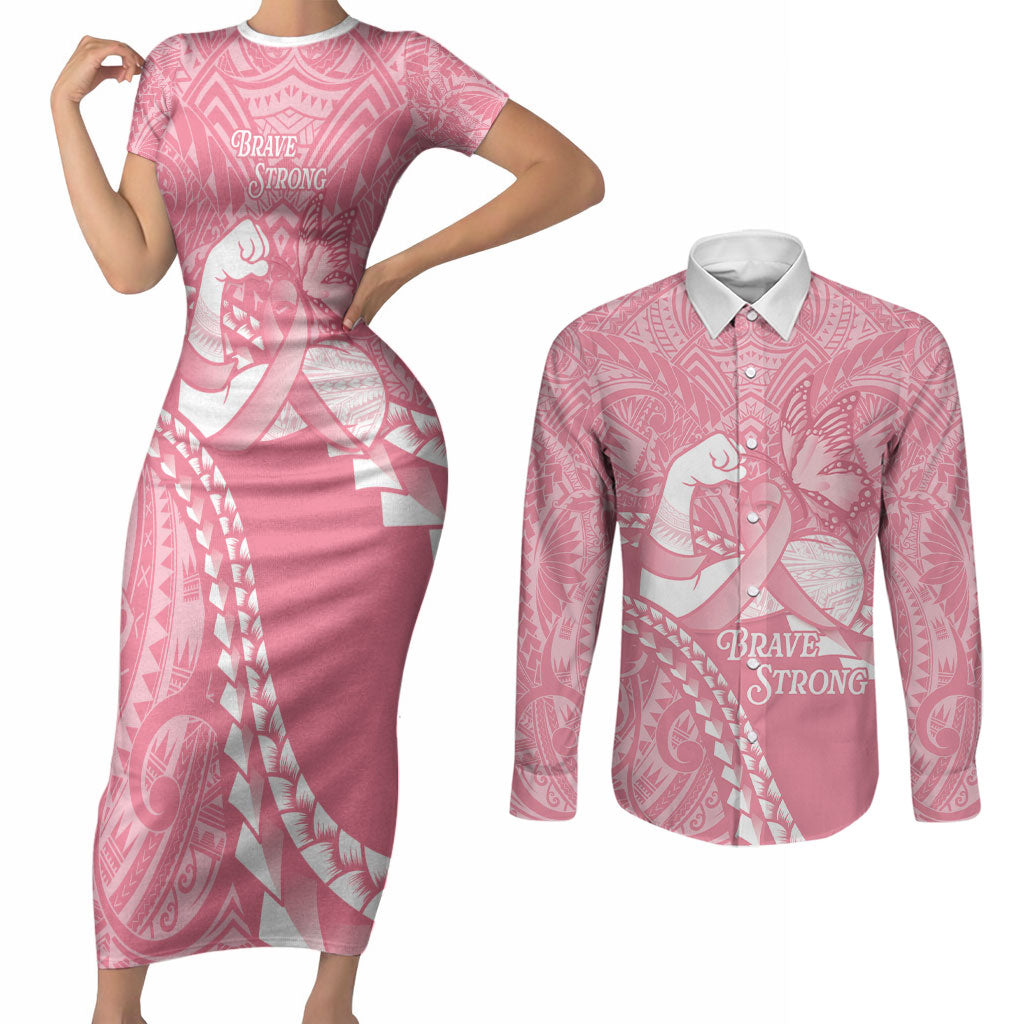 Personalised Polynesia Breast Cancer Awareness Couples Matching Short Sleeve Bodycon Dress and Long Sleeve Button Shirt Brave Strong Butterfly Pink Ribbon LT14 Pink - Polynesian Pride