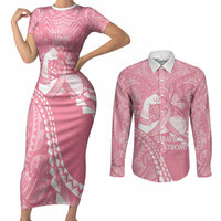 Personalised Polynesia Breast Cancer Awareness Couples Matching Short Sleeve Bodycon Dress and Long Sleeve Button Shirt Brave Strong Butterfly Pink Ribbon LT14 Pink - Polynesian Pride
