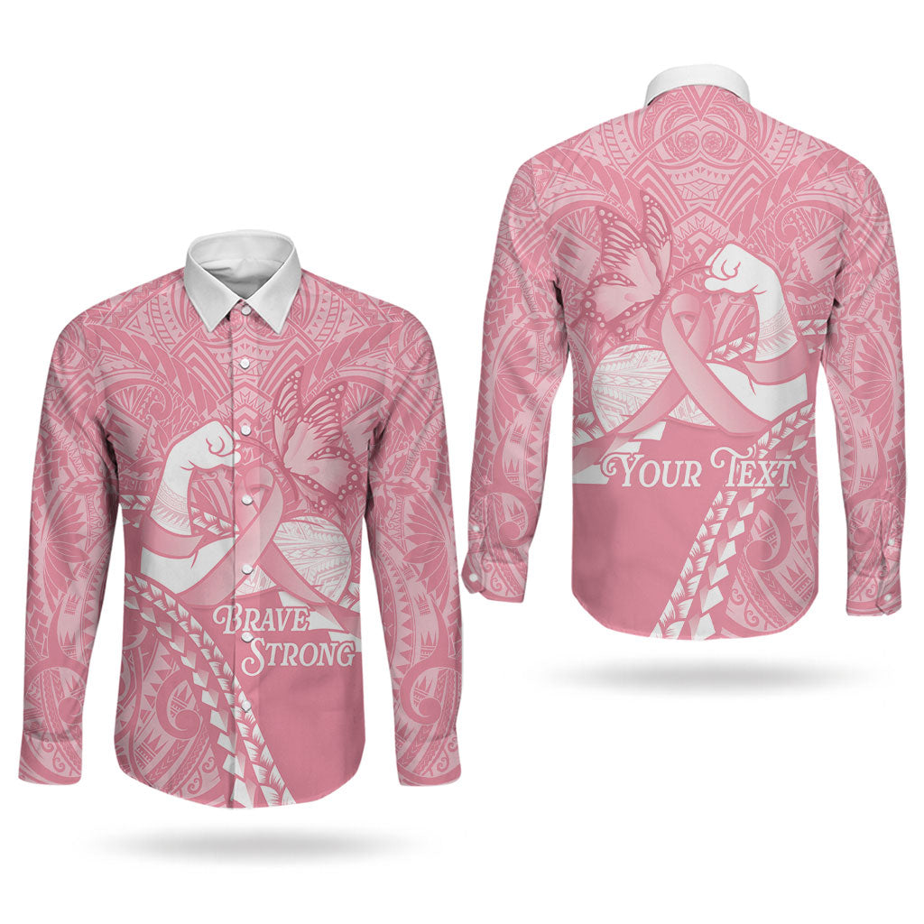 Personalised Polynesia Breast Cancer Awareness Couples Matching Short Sleeve Bodycon Dress and Long Sleeve Button Shirt Brave Strong Butterfly Pink Ribbon LT14 - Polynesian Pride