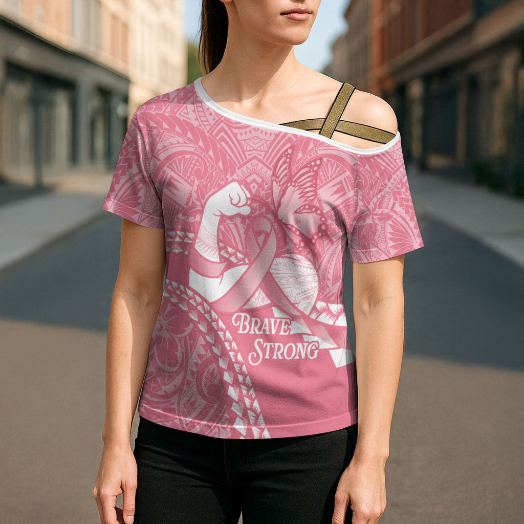 Personalised Polynesia Breast Cancer Awareness Cross Shoulder Shirt Brave Strong Butterfly Pink Ribbon LT14 - Polynesian Pride