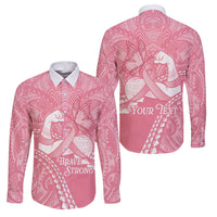 Personalised Polynesia Breast Cancer Awareness Family Matching Long Sleeve Bodycon Dress and Hawaiian Shirt Brave Strong Butterfly Pink Ribbon LT14 Dad's Shirt - Long Sleeve Pink - Polynesian Pride