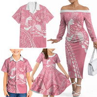 Personalised Polynesia Breast Cancer Awareness Family Matching Off The Shoulder Long Sleeve Dress and Hawaiian Shirt Brave Strong Butterfly Pink Ribbon LT14 - Polynesian Pride