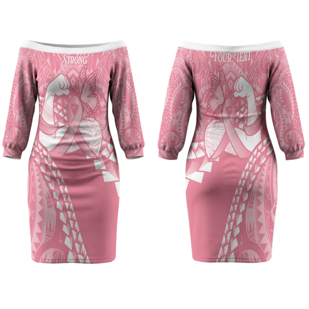 Personalised Polynesia Breast Cancer Awareness Family Matching Off The Shoulder Long Sleeve Dress and Hawaiian Shirt Brave Strong Butterfly Pink Ribbon LT14 Mom's Dress Pink - Polynesian Pride
