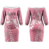Personalised Polynesia Breast Cancer Awareness Family Matching Off The Shoulder Long Sleeve Dress and Hawaiian Shirt Brave Strong Butterfly Pink Ribbon LT14 Mom's Dress Pink - Polynesian Pride