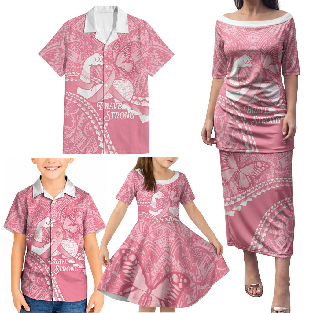 Personalised Polynesia Breast Cancer Awareness Family Matching Puletasi and Hawaiian Shirt Brave Strong Butterfly Pink Ribbon LT14 - Polynesian Pride