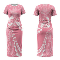 Personalised Polynesia Breast Cancer Awareness Family Matching Short Sleeve Bodycon Dress and Hawaiian Shirt Brave Strong Butterfly Pink Ribbon LT14 Mom's Dress Pink - Polynesian Pride