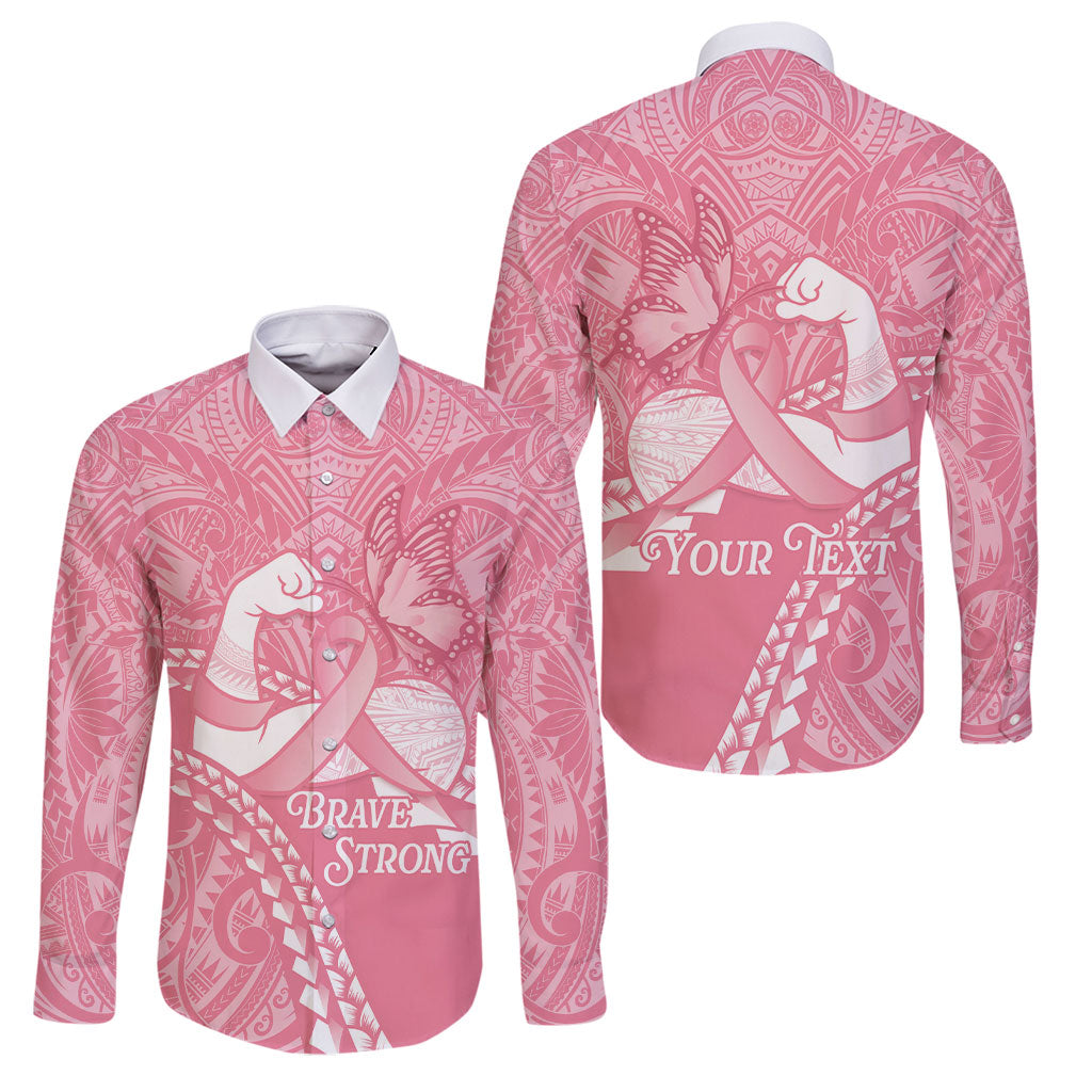 Personalised Polynesia Breast Cancer Awareness Family Matching Tank Maxi Dress and Hawaiian Shirt Brave Strong Butterfly Pink Ribbon LT14 Dad's Shirt - Long Sleeve Pink - Polynesian Pride