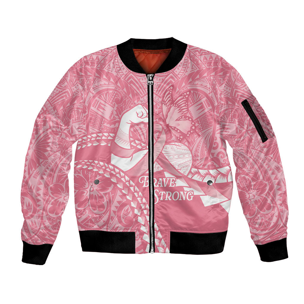 Personalised Polynesia Breast Cancer Awareness Sleeve Zip Bomber Jacket Brave Strong Butterfly Pink Ribbon LT14 Unisex Pink - Polynesian Pride