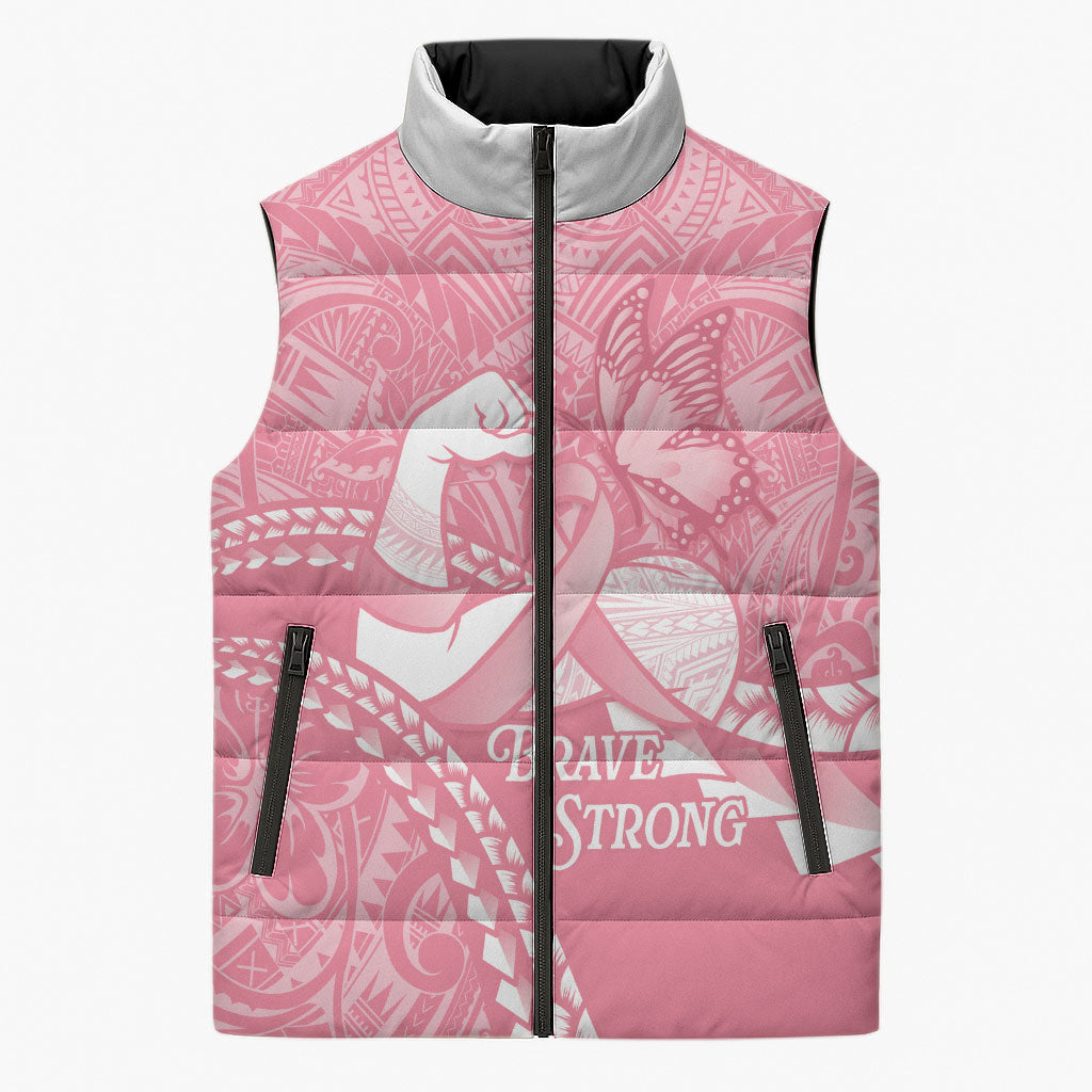Personalised Polynesia Breast Cancer Awareness Sleeveless Puffer Jacket Brave Strong Butterfly Pink Ribbon LT14 Unisex Pink - Polynesian Pride