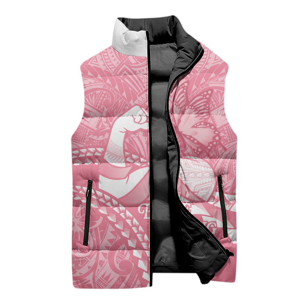 Personalised Polynesia Breast Cancer Awareness Sleeveless Puffer Jacket Brave Strong Butterfly Pink Ribbon LT14 - Polynesian Pride