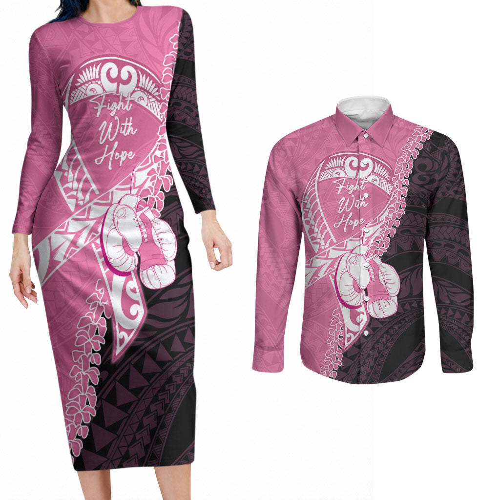 Personalised Polynesia Breast Cancer Awareness Couples Matching Long Sleeve Bodycon Dress and Long Sleeve Button Shirt Fight With Hope Pink Ribbon Boxing Gloves LT14 Pink - Polynesian Pride