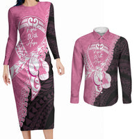 Personalised Polynesia Breast Cancer Awareness Couples Matching Long Sleeve Bodycon Dress and Long Sleeve Button Shirt Fight With Hope Pink Ribbon Boxing Gloves LT14 Pink - Polynesian Pride