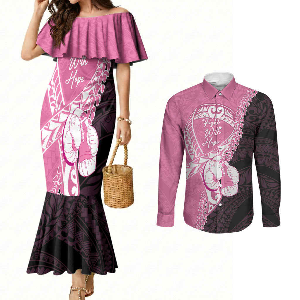 Personalised Polynesia Breast Cancer Awareness Couples Matching Mermaid Dress and Long Sleeve Button Shirt Fight With Hope Pink Ribbon Boxing Gloves LT14 Pink - Polynesian Pride