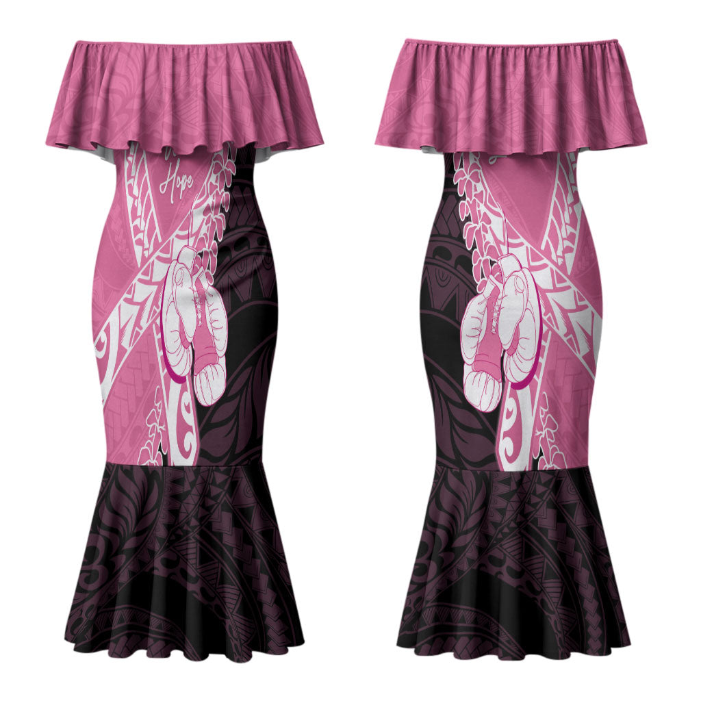 Personalised Polynesia Breast Cancer Awareness Couples Matching Mermaid Dress and Long Sleeve Button Shirt Fight With Hope Pink Ribbon Boxing Gloves LT14 - Polynesian Pride