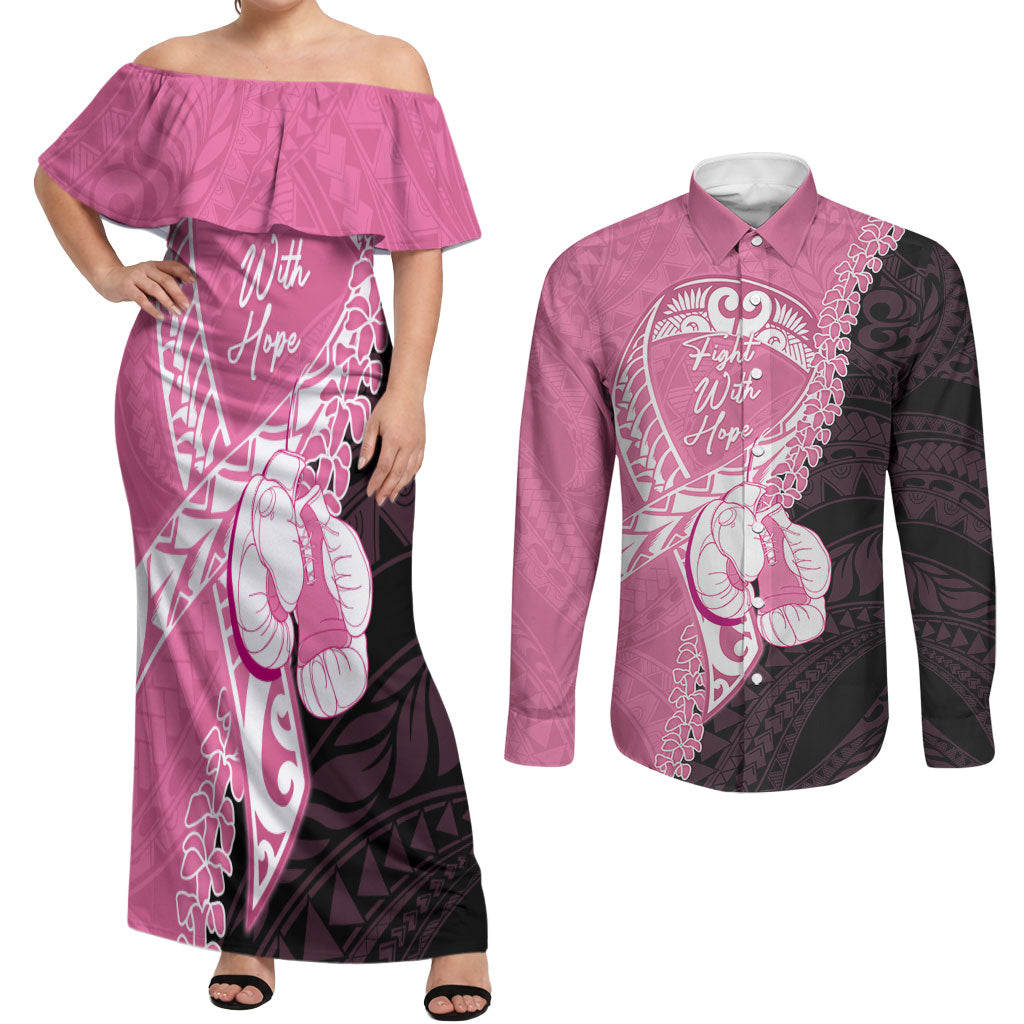 Personalised Polynesia Breast Cancer Awareness Couples Matching Off Shoulder Maxi Dress and Long Sleeve Button Shirt Fight With Hope Pink Ribbon Boxing Gloves LT14 Pink - Polynesian Pride