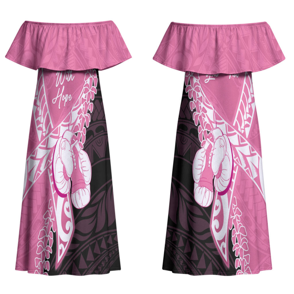 Personalised Polynesia Breast Cancer Awareness Couples Matching Off Shoulder Maxi Dress and Long Sleeve Button Shirt Fight With Hope Pink Ribbon Boxing Gloves LT14 - Polynesian Pride