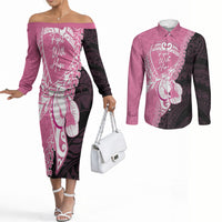 Personalised Polynesia Breast Cancer Awareness Couples Matching Off The Shoulder Long Sleeve Dress and Long Sleeve Button Shirt Fight With Hope Pink Ribbon Boxing Gloves LT14 Pink - Polynesian Pride