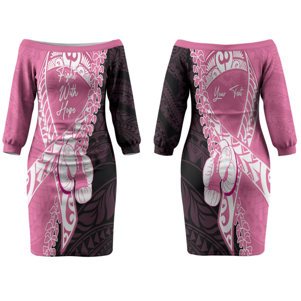 Personalised Polynesia Breast Cancer Awareness Couples Matching Off The Shoulder Long Sleeve Dress and Long Sleeve Button Shirt Fight With Hope Pink Ribbon Boxing Gloves LT14 - Polynesian Pride