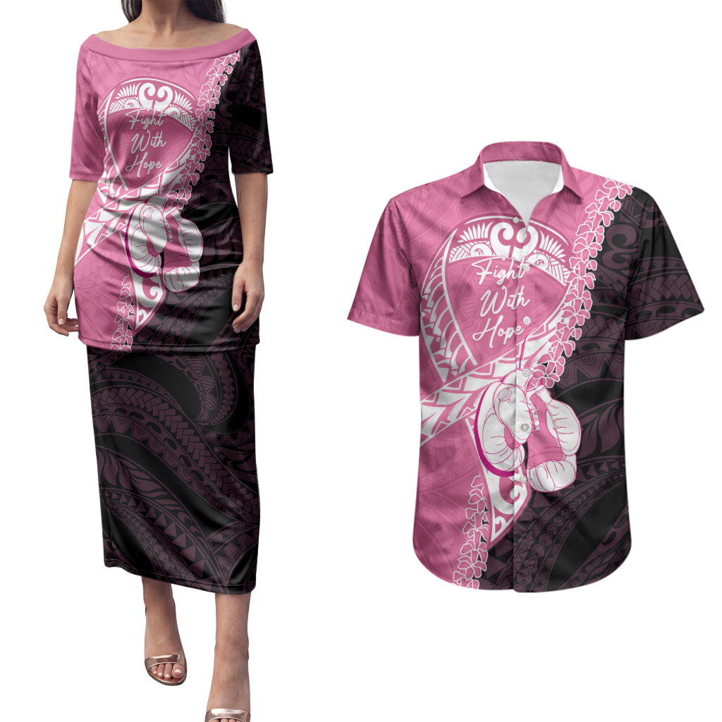 Personalised Polynesia Breast Cancer Awareness Couples Matching Puletasi and Hawaiian Shirt Fight With Hope Pink Ribbon Boxing Gloves LT14 Pink - Polynesian Pride