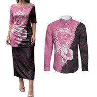 Personalised Polynesia Breast Cancer Awareness Couples Matching Puletasi and Long Sleeve Button Shirt Fight With Hope Pink Ribbon Boxing Gloves LT14 Pink - Polynesian Pride