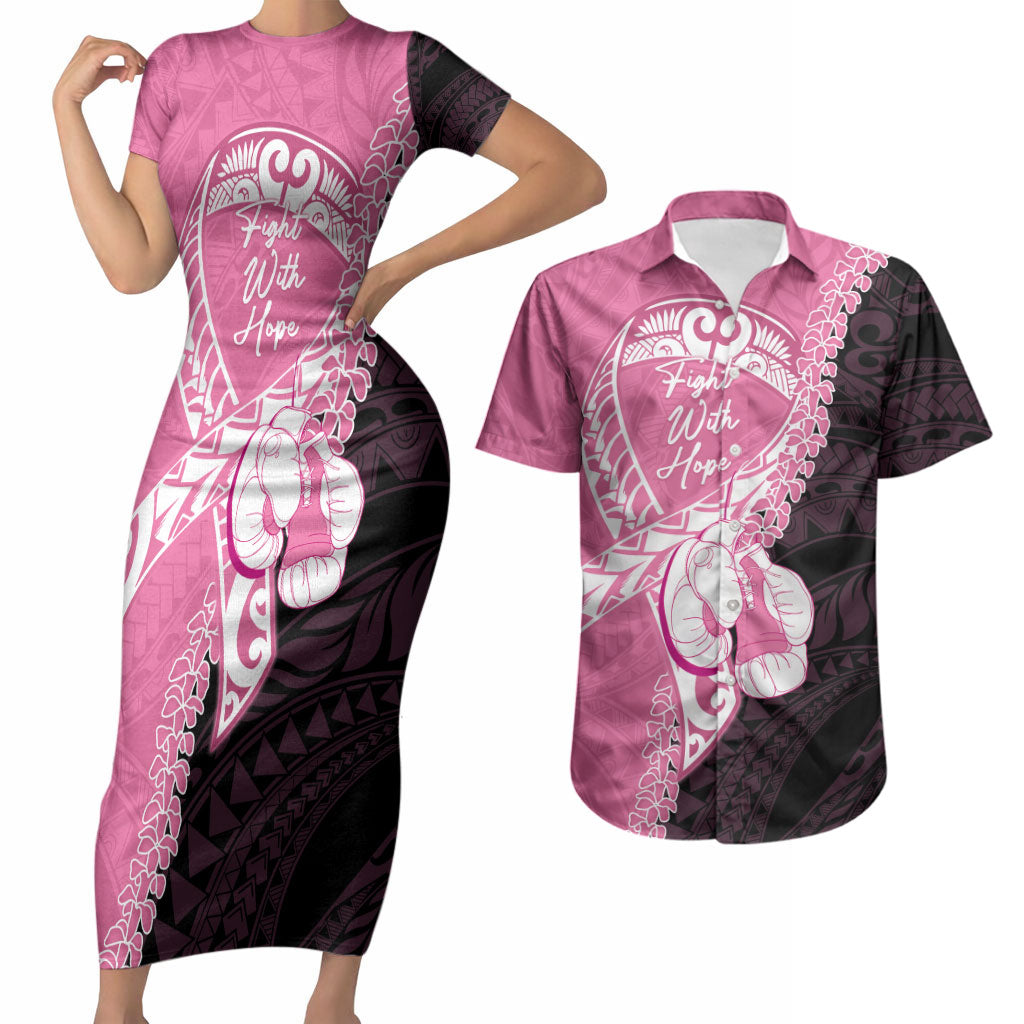 Personalised Polynesia Breast Cancer Awareness Couples Matching Short Sleeve Bodycon Dress and Hawaiian Shirt Fight With Hope Pink Ribbon Boxing Gloves LT14 Pink - Polynesian Pride