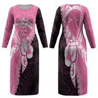 Personalised Polynesia Breast Cancer Awareness Family Matching Long Sleeve Bodycon Dress and Hawaiian Shirt Fight With Hope Pink Ribbon Boxing Gloves LT14 Mom's Dress Pink - Polynesian Pride