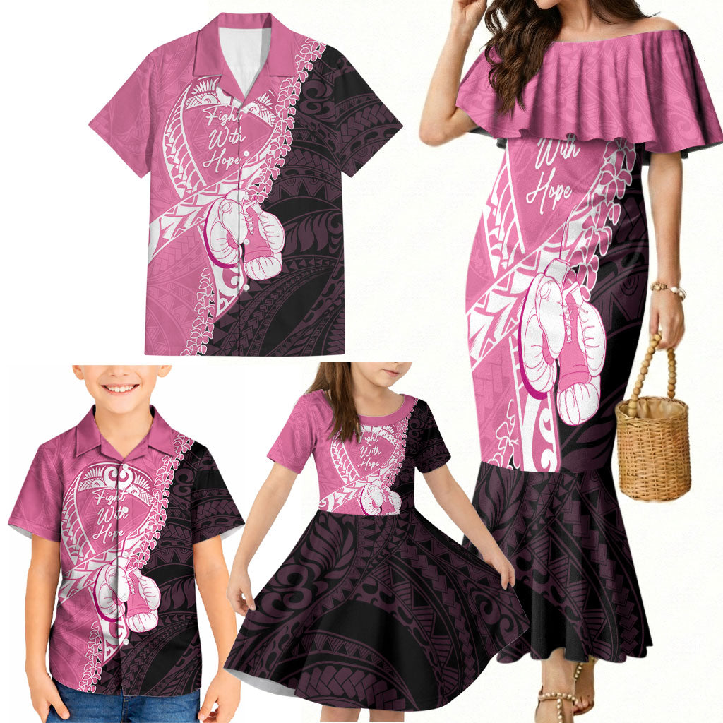 Personalised Polynesia Breast Cancer Awareness Family Matching Mermaid Dress and Hawaiian Shirt Fight With Hope Pink Ribbon Boxing Gloves LT14 - Polynesian Pride