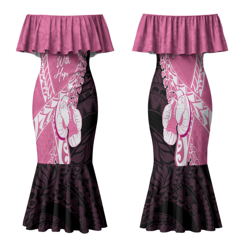 Personalised Polynesia Breast Cancer Awareness Family Matching Mermaid Dress and Hawaiian Shirt Fight With Hope Pink Ribbon Boxing Gloves LT14 Mom's Dress Pink - Polynesian Pride