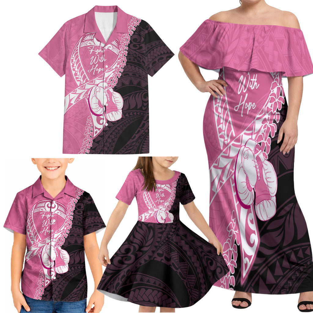 Personalised Polynesia Breast Cancer Awareness Family Matching Off Shoulder Maxi Dress and Hawaiian Shirt Fight With Hope Pink Ribbon Boxing Gloves LT14 - Polynesian Pride