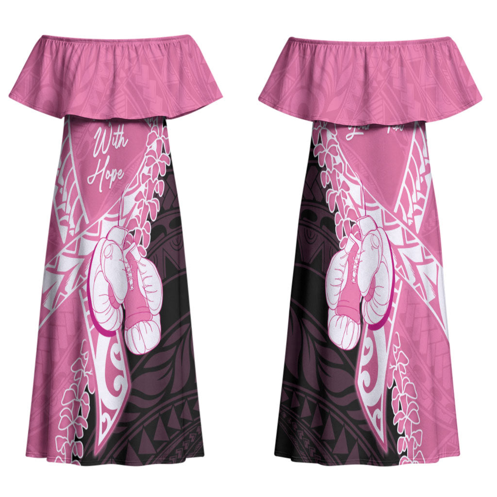 Personalised Polynesia Breast Cancer Awareness Family Matching Off Shoulder Maxi Dress and Hawaiian Shirt Fight With Hope Pink Ribbon Boxing Gloves LT14 Mom's Dress Pink - Polynesian Pride