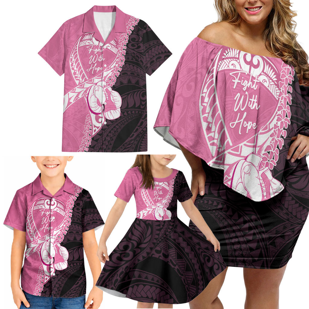 Personalised Polynesia Breast Cancer Awareness Family Matching Off Shoulder Short Dress and Hawaiian Shirt Fight With Hope Pink Ribbon Boxing Gloves LT14 - Polynesian Pride