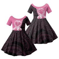 Personalised Polynesia Breast Cancer Awareness Family Matching Off Shoulder Short Dress and Hawaiian Shirt Fight With Hope Pink Ribbon Boxing Gloves LT14 Daughter's Dress Pink - Polynesian Pride