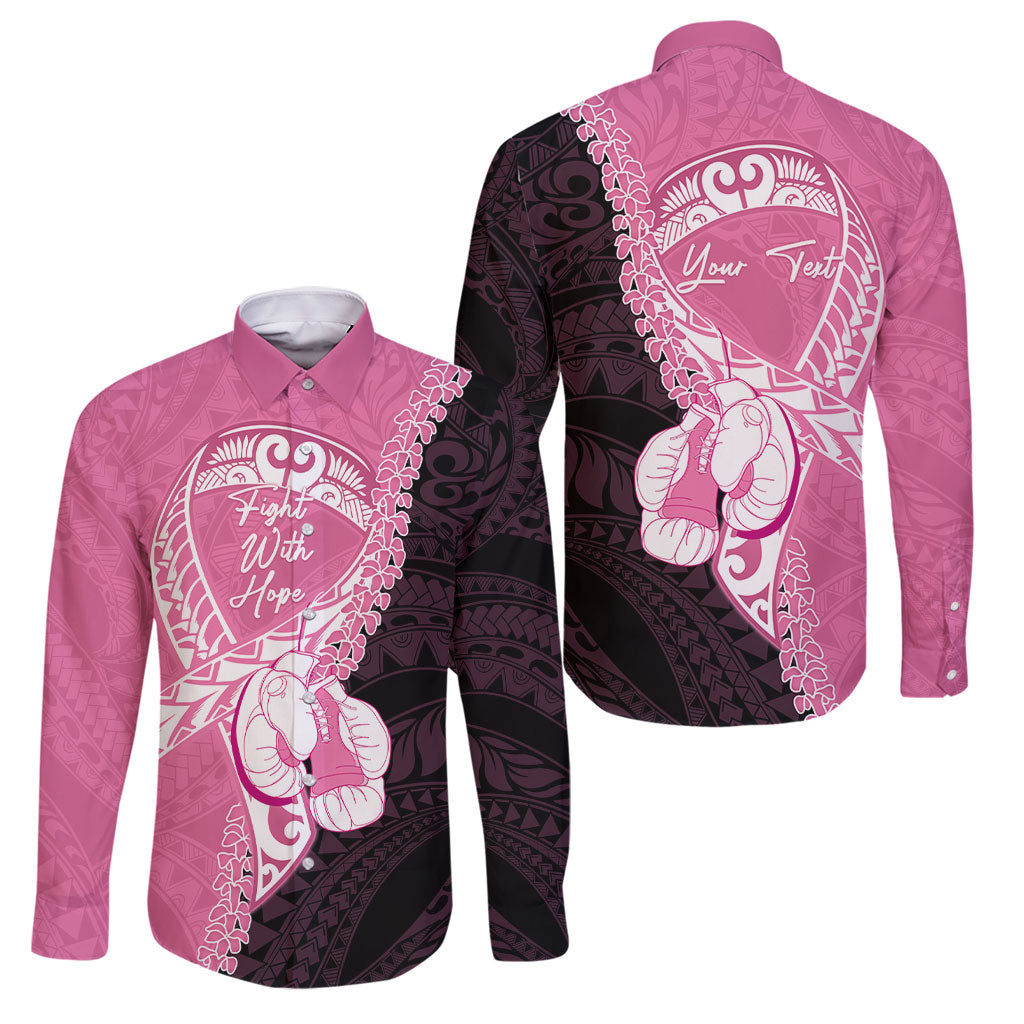 Personalised Polynesia Breast Cancer Awareness Family Matching Puletasi and Hawaiian Shirt Fight With Hope Pink Ribbon Boxing Gloves LT14 Dad's Shirt - Long Sleeve Pink - Polynesian Pride