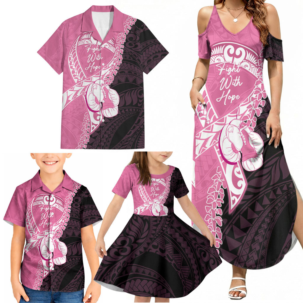 Personalised Polynesia Breast Cancer Awareness Family Matching Summer Maxi Dress and Hawaiian Shirt Fight With Hope Pink Ribbon Boxing Gloves LT14 - Polynesian Pride