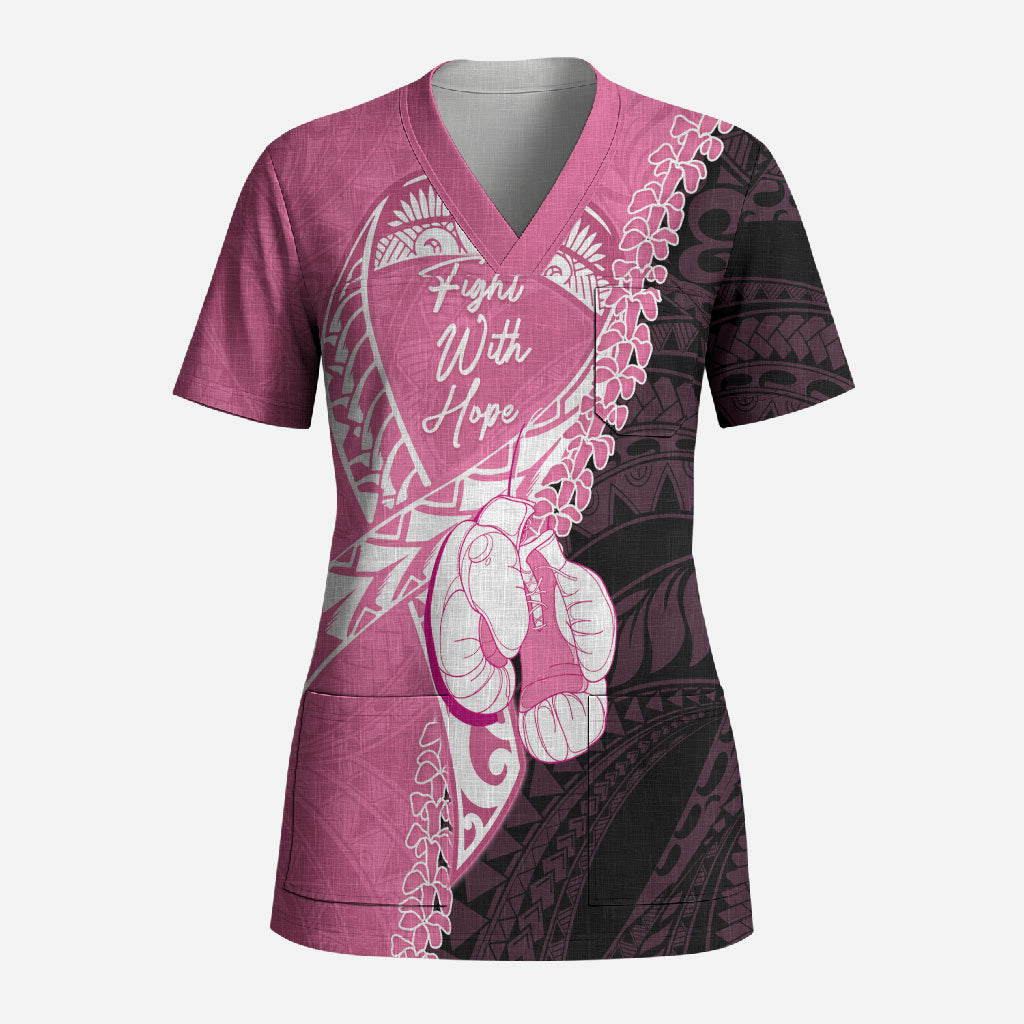 Personalised Polynesia Breast Cancer Awareness Scrub Top Fight With Hope Pink Ribbon Boxing Gloves LT14 Adult Pink - Polynesian Pride