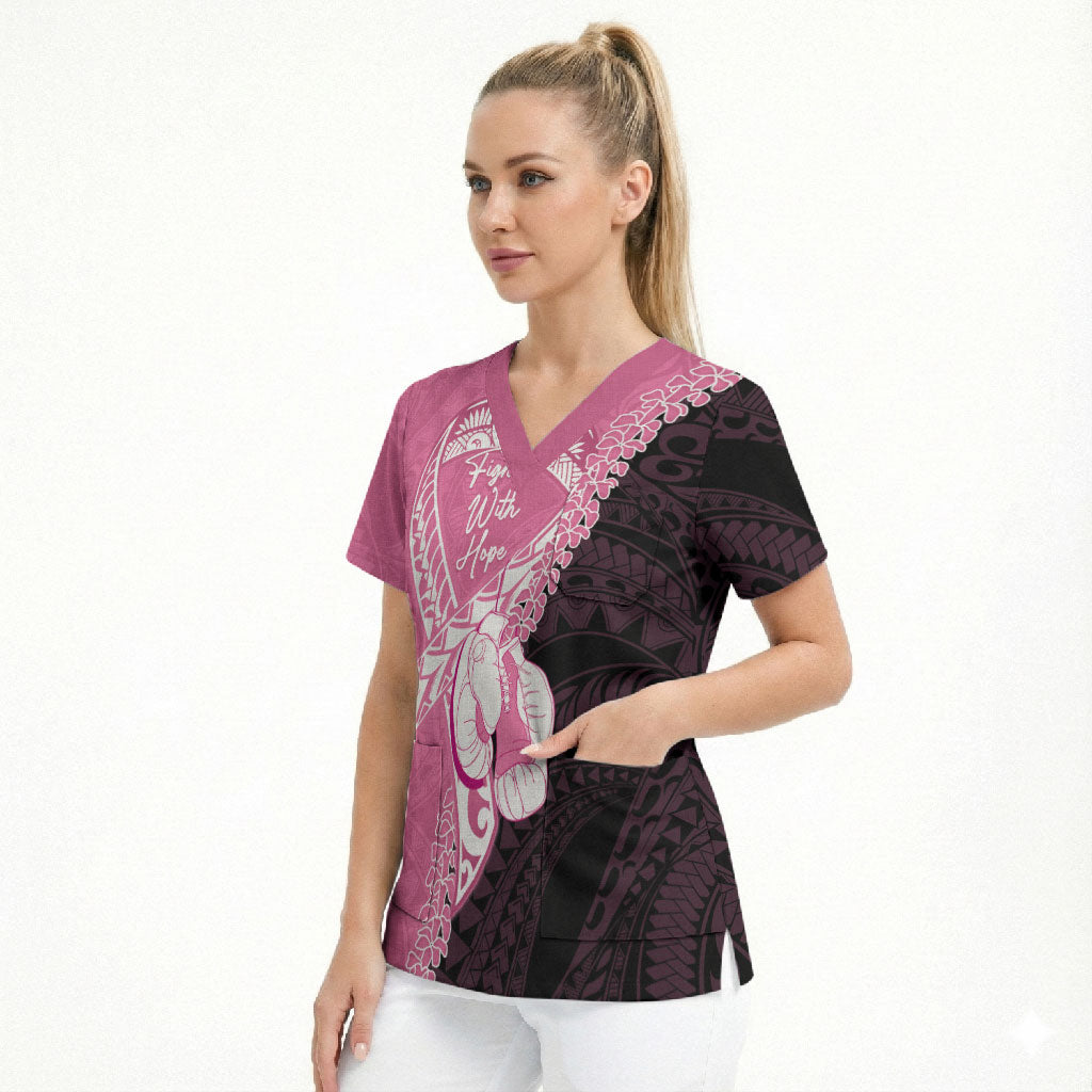 Personalised Polynesia Breast Cancer Awareness Scrub Top Fight With Hope Pink Ribbon Boxing Gloves LT14 - Polynesian Pride