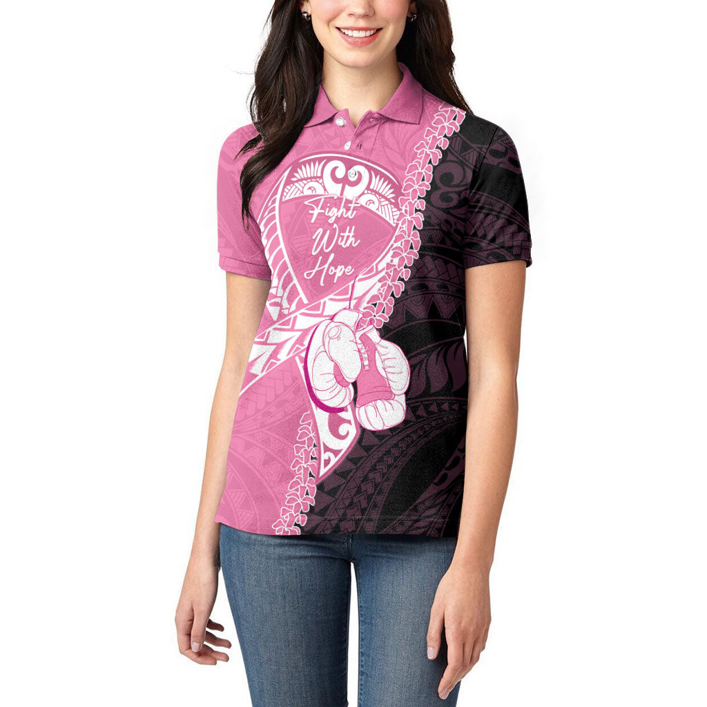 Personalised Polynesia Breast Cancer Awareness Women Polo Shirt Fight With Hope Pink Ribbon Boxing Gloves LT14 - Polynesian Pride