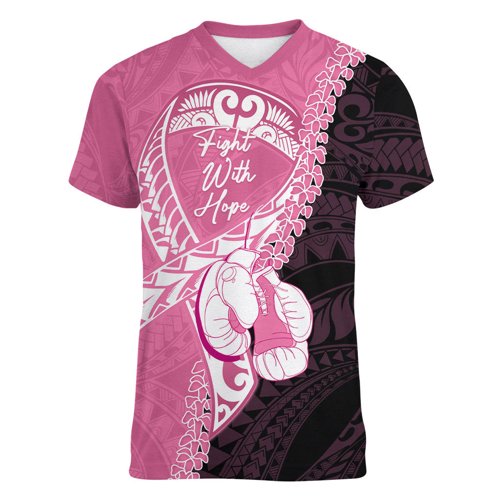 Personalised Polynesia Breast Cancer Awareness Women V-Neck T-Shirt Fight With Hope Pink Ribbon Boxing Gloves LT14 Female Pink - Polynesian Pride
