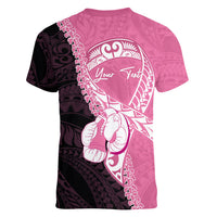 Personalised Polynesia Breast Cancer Awareness Women V-Neck T-Shirt Fight With Hope Pink Ribbon Boxing Gloves LT14 - Polynesian Pride