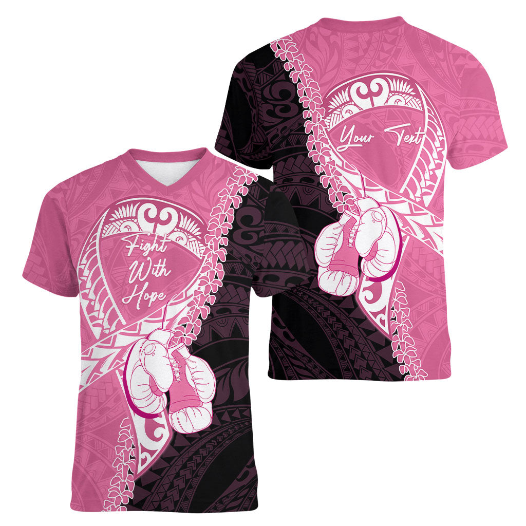 Personalised Polynesia Breast Cancer Awareness Women V-Neck T-Shirt Fight With Hope Pink Ribbon Boxing Gloves LT14 - Polynesian Pride
