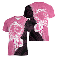 Personalised Polynesia Breast Cancer Awareness Women V-Neck T-Shirt Fight With Hope Pink Ribbon Boxing Gloves LT14 - Polynesian Pride