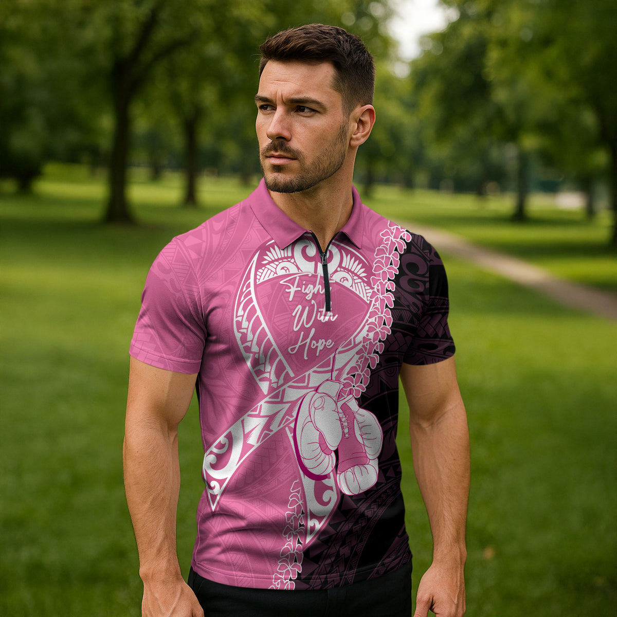 Personalised Polynesia Breast Cancer Awareness Zipper Polo Shirt Fight With Hope Pink Ribbon Boxing Gloves LT14 - Polynesian Pride
