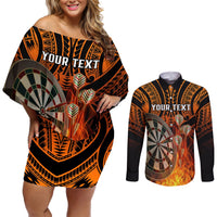 Personalised Polynesian Darts Couples Matching Off Shoulder Short Dress and Long Sleeve Button Shirts Fire Burning With Tribal Tattoo LT14 Orange - Polynesian Pride