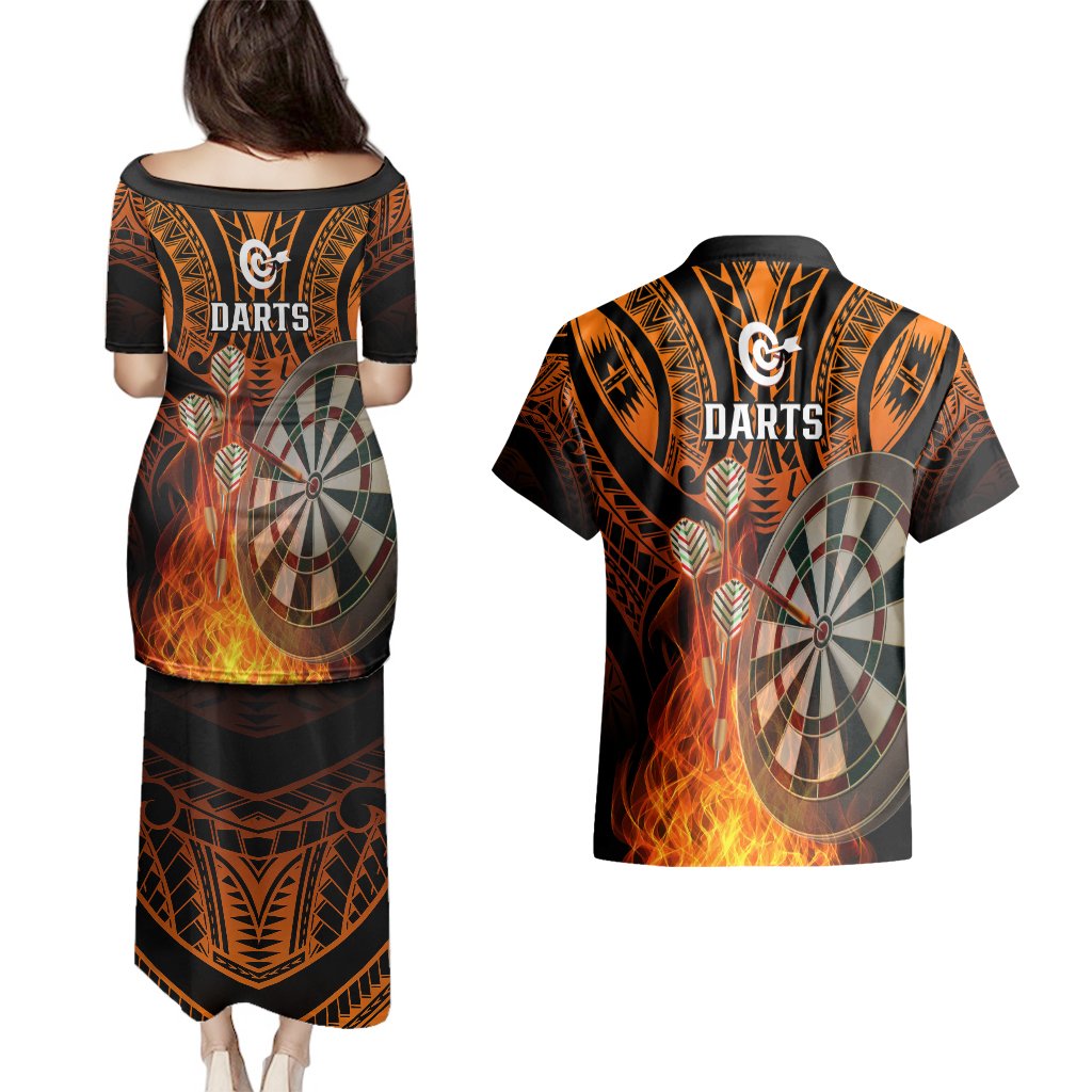 Personalised Polynesian Darts Couples Matching Puletasi Dress and Hawaiian Shirt Fire Burning With Tribal Tattoo LT14 - Polynesian Pride