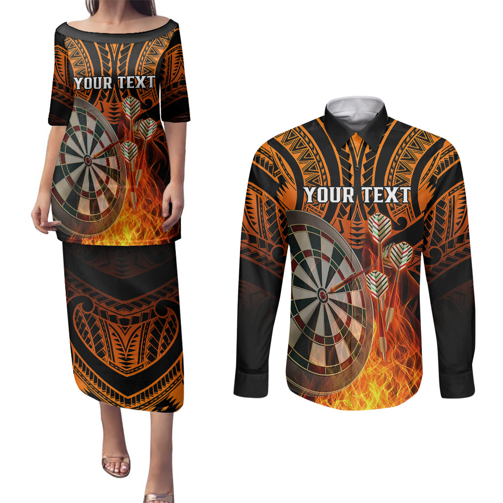 Personalised Polynesian Darts Couples Matching Puletasi Dress and Long Sleeve Button Shirts Fire Burning With Tribal Tattoo LT14 Orange - Polynesian Pride