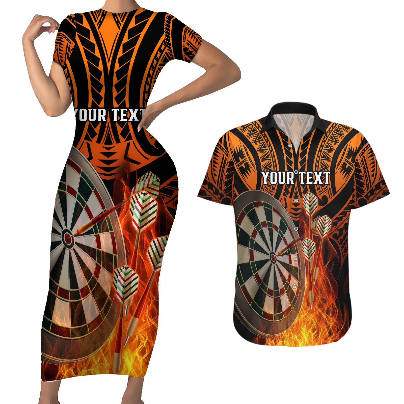 Personalised Polynesian Darts Couples Matching Short Sleeve Bodycon Dress and Hawaiian Shirt Fire Burning With Tribal Tattoo LT14 Orange - Polynesian Pride