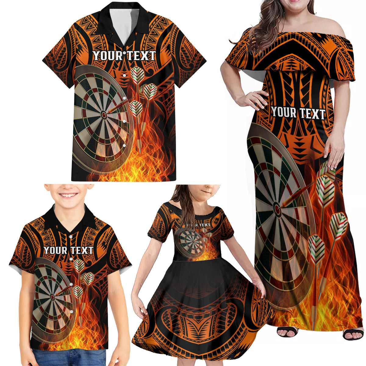 Personalised Polynesian Darts Family Matching Off Shoulder Maxi Dress and Hawaiian Shirt Fire Burning With Tribal Tattoo LT14 - Polynesian Pride