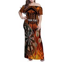 Personalised Polynesian Darts Family Matching Off Shoulder Maxi Dress and Hawaiian Shirt Fire Burning With Tribal Tattoo LT14 Mom's Dress Orange - Polynesian Pride